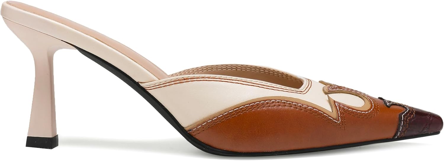 Pointed Toe Mules for Women Suede Slip On Kitten Heels Pumps with Stitching Flame D... - Image 5