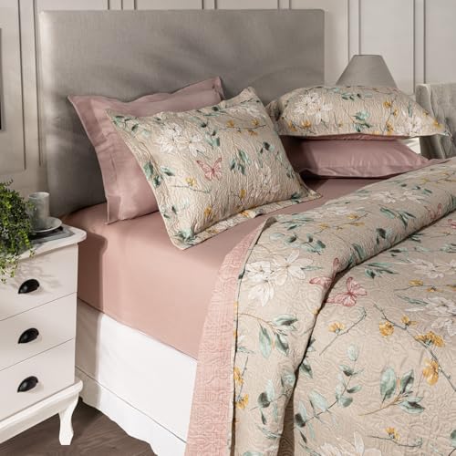 BEM CASA Kit Cobre Leito Colcha Boutis 3 Peças Matelado Ultrassônico Estampado Dupla Face Porta Travesseiro Aba Americana Micro Percal 150 Fios (Isabel Areia, Casal)