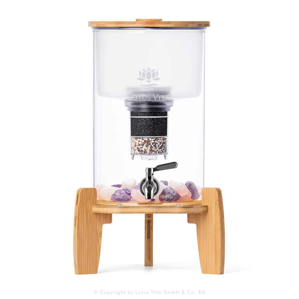 Lotus Vita Glas-Wasserspender mit Filter Natura Plus 4 Liter - Bambus und Edelstahl - 4 Stufen Filter