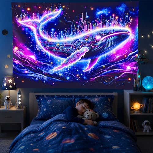 Image of BlissYard Blacklight Tapestry Glow In The Dark Tapestry UV Reactive Tapestry 78x59 Inches Cosmic Whale Fluorescent Wall Hanging with Neon Circuitry Tapestry for Bedroom Space and Technology Theme
