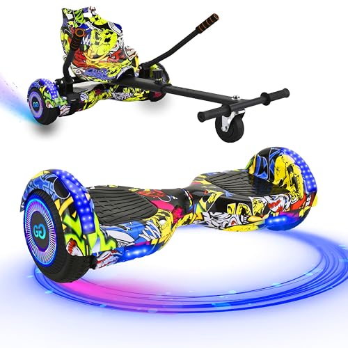 G1 Graffiti Yellow Hoverboard & Hoverkart Bundle | Self-Balancing 6.5 Scooter with LED Lights & Bluetooth | Hoverboard Go Kart Bundle for Kids Teens and Adults