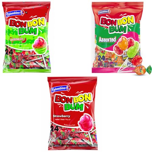 Pack 3 Bolsas Bon Bon Bum Bubble Gum Colombina – Fresa, Sandía y Surtido – 24 Unidades por Bolsa | Especial Piñata Cumpleaños