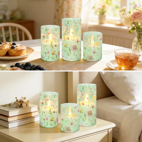 Image of Flameless Candles with Remote Timer, Glass Battery Operated LED Candles, Green Floral Design, Cylindrical Shape, Set of 3 for Home Party Wedding Decor