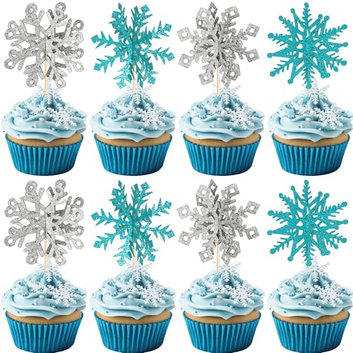 Rsstarxi 48 Pack Snowflake Cupcake Toppers Double Side Glitter Snowflake Party Cupcake Picks Decorations for Winter Frozen Theme Baby Shower Kids Birthday Christmas Party Cake Decorations Blue