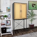 IKAYAA Rattan Storage Cabinet Freestanding Kitchen Cupboard with 2 Doors and 3-tier Shelves Wooden Furniture X-Shaped Supporting Bars for Entryway Living Dining Room