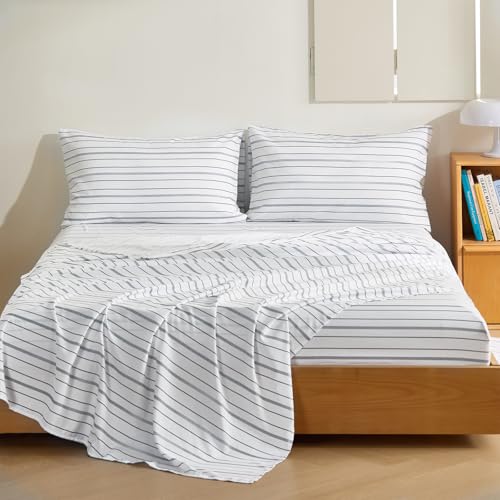 Image of MCO 4Pieces Striped Sheets Set, Breathable King Sheet Set with 16 inch Deep Pocket,Modern & Luxury, Brushed Microfiber Bedding Set(King, White)