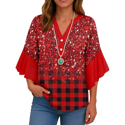 Womens Top 3/4 Sleeve Vintage Geometric V Neck Blouses Dressy Casual Trendy Ruffles Elegant Shirts Fall Clothes 20252