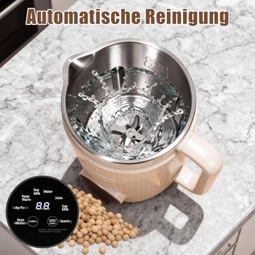 HISUEKIG 8 in 1 Nussmilchmaschine, 1200ml Automatische Sojamilchmaschine mit Temperaturregelung, 12 Klingen, 8 Stunden Warmhaltefunktion und Selbstreinigung, für Hafermilch Mandelmilch Sojamilch