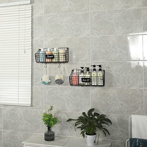 Wall Hanging Baskets For Storage-2 Pack, Wall Mount Wire Bins With 5 Hooks Template, Rustic Farmhouse Decor, Storage Organization Shelf For Pantry Kitchen Bathroom #TOP2