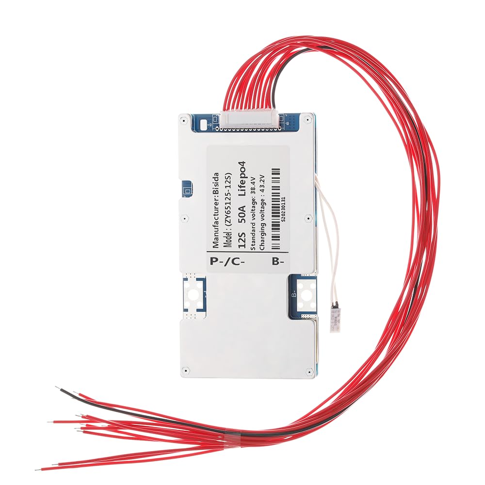 12S BMS 38.4V 50A Lifepo4 Battery Management System PCB Protection Board with Balance Wire and NTC,Ten Functional Protections, Common Port, for Lifepo4 Battery Pack (12S 38.4V 50A)