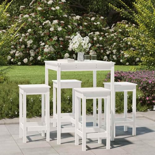 zylophax Juego de 5 barras de jardín de madera de pino maciza de color blanco con mesa de bar resistente de 82,5 x 82,5 x 110 cm y 4 taburetes de 40 x 40 x 78 cm para terraza, balcón y jardín