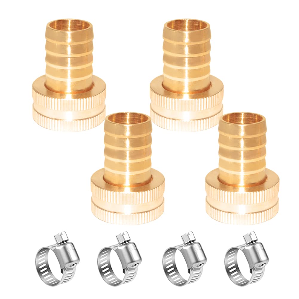 Hooshing 4PCS 3/4" Barb x 3/4" Female GHT Thread Soild Brass Garden Hose Repair Kit Female Hose End Mender Water Hose Connector with Stainless Clamp