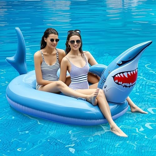 FindUWill Inflatable Shark Pool Floats, 95" Large Inflatable Ride on Pool Raft, Shark Pool Floatie for Adults Summer Swimming Pool Party Supplies