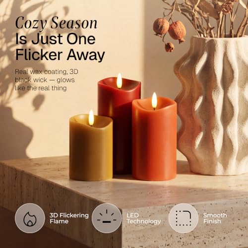 Image of Fall Decorations for Home - Real Wax Flameless Pillar Candles Set of 3