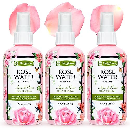 De La Cruz Rose Water Body Mist – Rosewater Spray for Face, Skin and Hair 8 fl oz (3 Bottles)