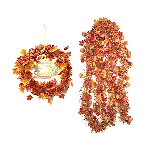 THE UM24 HT Pumpkin & Autumn Maple Fall Leaves Thanksgiving Harvest Tinsel Garland 9FT & Wreath