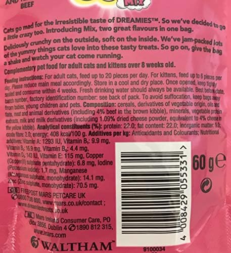 Dreamies Cat Treats Mix Bundle - 2 Flavours - Delicious Cheese & Tempting Beef and Scrumptious Salmon & Heavenly Tuna 60g (one of each)