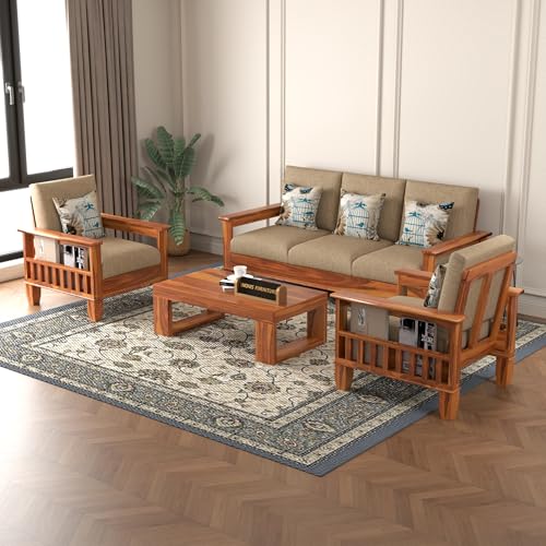 Image of Solid Sheesham Wood 5 Seater Sofa Set for Living Room | (3+1+1) Stylish & Durable Five Person Wooden Sofa | Elegant 5 Seater Sofa for Home & Office Furniture (Joren Honey, 5 Seater)