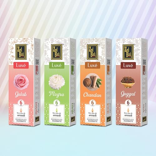 Zed Black Bamboo Less Incense Sticks – Luxe Series - Pack of 4 Incense Sticks, Good Vibes Pack (Approx 70 Agarbatti Sticks | 4 Fragrances -Chandan, Gulab, Guggal and Mogra) (377 GM)