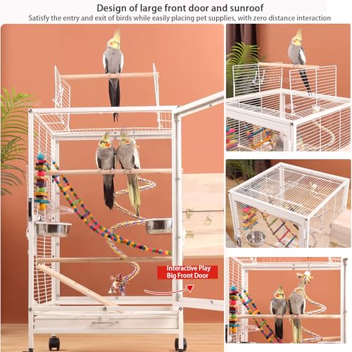 Image of xixi-home Parrot Cage,Metal Bird Cage Ornamental Cage -with Play Top and Wheel,Large Birdcage Flight Cages for Outdoors for Parakeet,Lovebirds,Cockatiels(Type B - Pink)