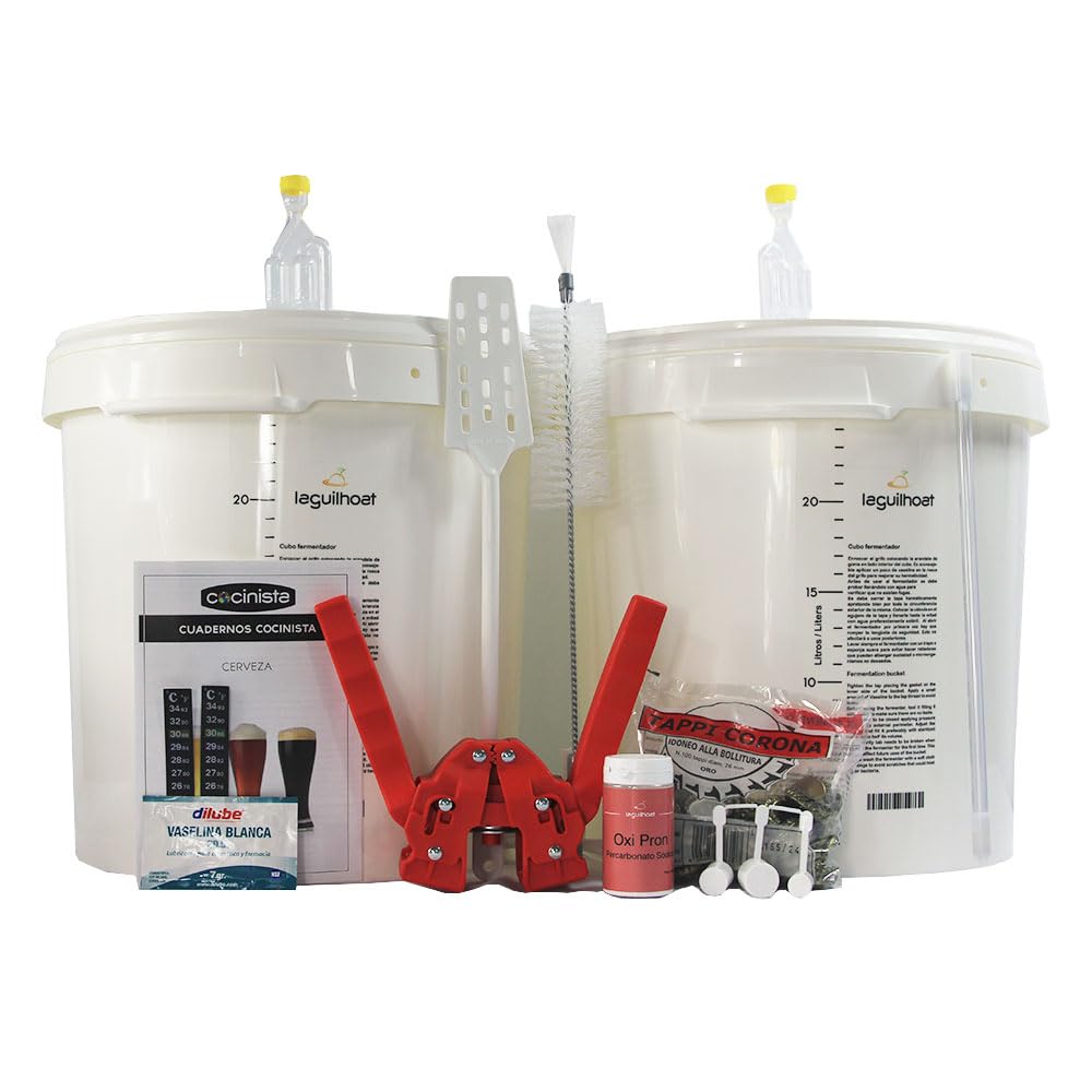 Cocinista Kit Cerveza Artesanal con 2 fermentadores 30 L graduados con Grifo y airlock, Accesorios de embotellado y Limpieza, Ideal para Todo Grano y extracto, lotes hasta 27 L