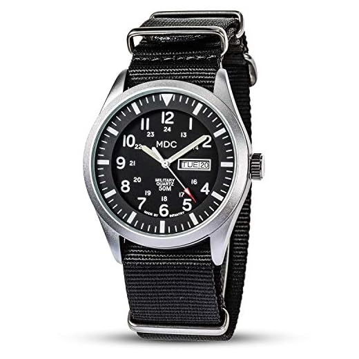 Infantry MDC Montre militaire pour homme avec affichage de la date et du jour 12/24 heures Montre tactique étanche 5 ATM avec bracelet OTAN Noir, Argenté., Bracelet