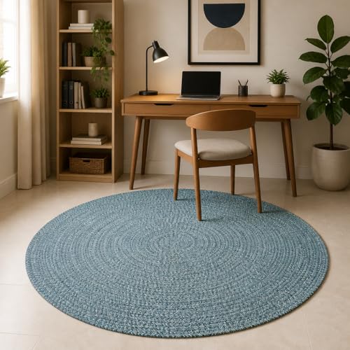 Image of Handmade Cotton Braided 4x4 feet Throw Rug - Washable, Low Pile Reversible Floor Mat for Bedroom, Kitchen, Entryway & Living Room - Eco-Friendly Woven Carpet - (Multi Green, Round)