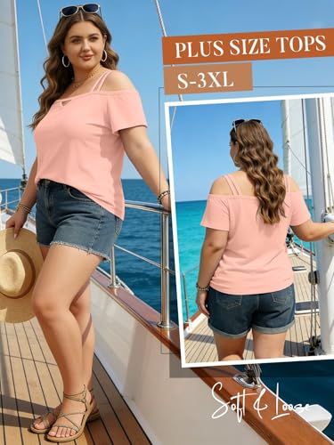 Image of Bliwov Womens Cold Shoulder Tops Short Sleeve Cute Sexy Summer Spring Beach Vacation T Shirts Fashion Outfits Basic Clothes