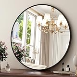 XRAMFY 24 Inch Round Mirror - Circle Mirrors for Bathroom, Entryway and Living Room Wall Decor, Modern Hanging Vanity Mirror, Matte Black Circle Decorative Wall Mirror