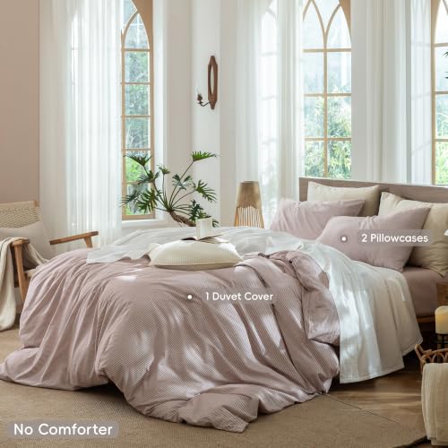 Image of MooMee Striped Duvet Cover Set 100% Washed Cotton Linen Like Queen | Relaxed Linen-like Texture. Soft, Breathable & Long-lasting Comfort. Lightweight. Hidden Zipper with 8 Interior Corner Ties