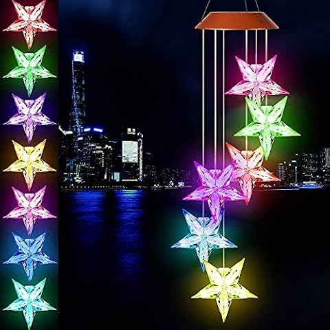 Wanmingtek Wind Chimes Outdoor Stars, Solar Powered Charging Star Wind Chimes LED Decorative Mobile Waterproof Outdoor String Lights for Patio, Balcony, Bedroom, Party, Yard, Window, Garden Cover