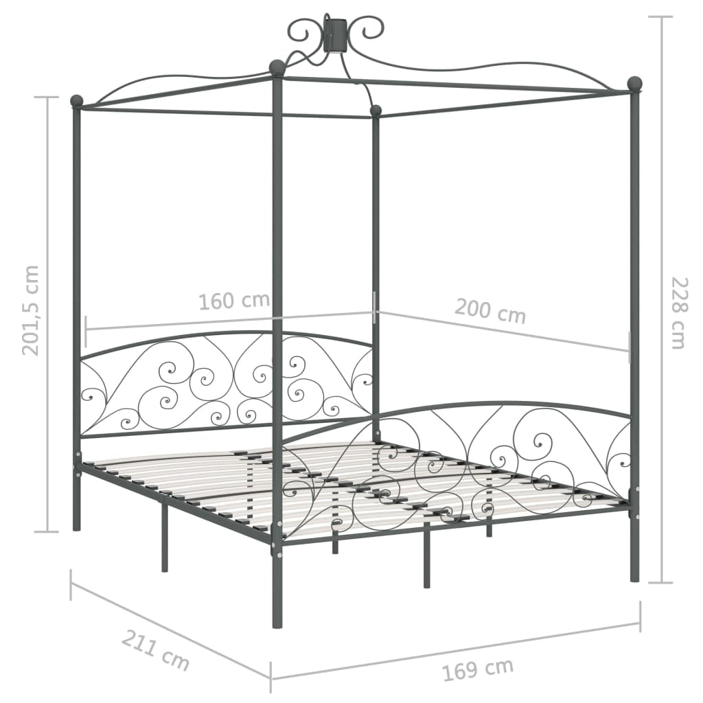Szara metalowa rama łóżka z baldachimem 160 x 200 cm, górna rama na zasłony, solidna i trwała rama bez materaca, stylowy design do sypialni, w zestawie stelaż