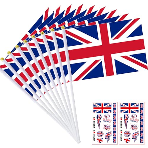 18PCS Union Jack Hand Flags - Great Britain British Handheld Flag with Pole Small Hand Waving Bunting for Kings Birthday Parade Anniversary Football Party Decorations (Bonus 2pcs Tattoo Stickers)