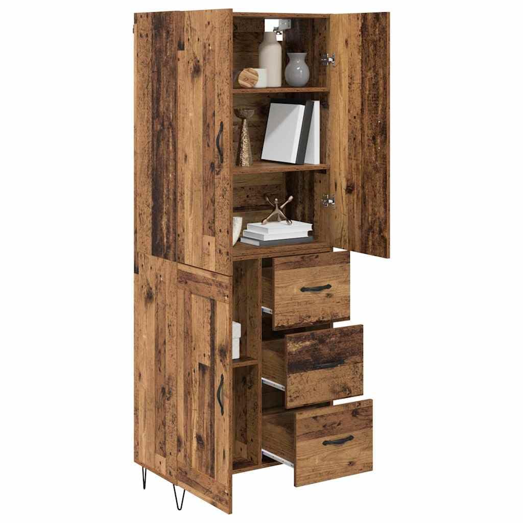 Buffet haut avec 3 tiroirs en bois vieilli, 69,5 x 34 x 180 cm, buffet moderne avec beaucoup d'espace de rangement pour salon, salle à manger, chambre à coucher et couloir, rustique et