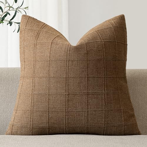 Image of Foindtower Set of 1 Decorative Linen Check Throw Pillow Cover Neutral Farmhouse Vintage Cushion Cover Modern Boho Home Decor for Sofa Chair Couch Bedroom Living Room,26x26 Inch,Brown Hazel