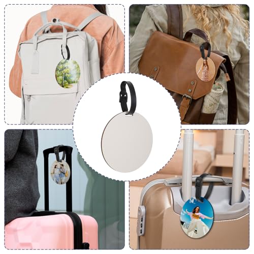 20 Pcs Sublimation Luggage Tag Blanks 4in Round Sublimation Luggage Tags Bulk with Strap, White Double Sided MDF Suitcase Label Tag with Slots Blanks for DIY Crafting Heat Transfer Photo Name ID4