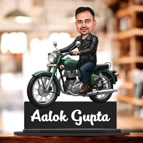 Image of Taxton Custom Bike Rider Caricature Personalized Wooden Bike Photo Frame for Men | 7.5 Inch Durable Double Wood Print with Acrylic Name Plate (Green)