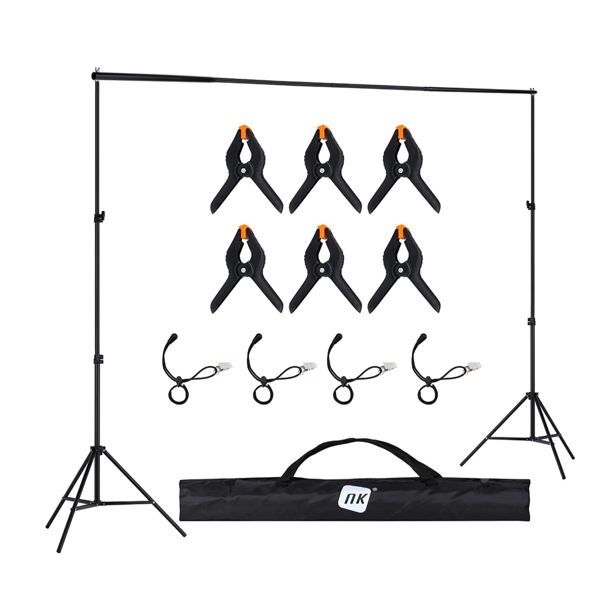 Supporto per fondale fotografico professionale NK 2 x 3 metri, regolabile e retrattile, 2x treppiede, 1x barra trasversale interconnessa, 6x mollette, 4x fascette laterali in velcro, 1x borsa