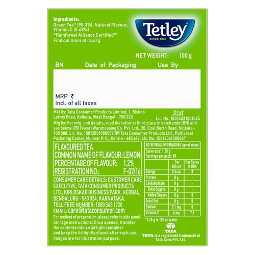 Image of Tetley Long Leaf Green Tea, Lemon, 100g (Pack of 2)