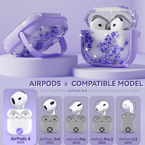 Image of Inesore for AirPods 4 Case Cover 2024 with Lock-Purple Bell Flower | Two-Piece Design,with Gold Keychain & Cleaning Pen,Support Wireless Charging,Cute Luxury Case for Women Girly
