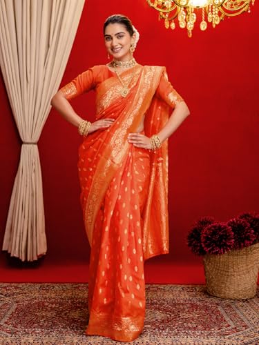 Image of SIRIL Women's Banarasi Jacquard Soft Silk Kanjeevaram Saree with Unstitched Blouse Piece