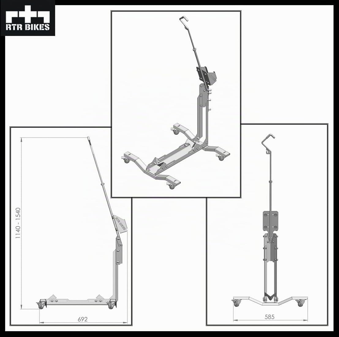 RTR BIKES Brutus Up Pro Soporte Bicicleta Móvil con Ruedas – Estación de Carga E-Bike con Porta Cargador – Rack Vertical hasta 30kg – Neumáticos 3,5" – Hecho en UE