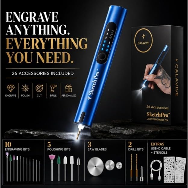 Image of SketchPro Cordless Engraving Pen with LED Light - 3-Speed Precision Etching Tool for Wood, Metal, Glass & Plastic - USB-C Rechargeable, 26 Accessories - Ideal for DIY, Jewelry & Craft Projects