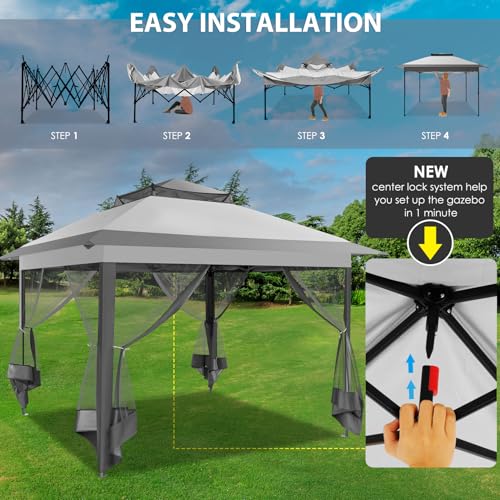 Image of COBIZI Pop Up Gazebo 12x12 Canopy Tent, Outdoor Screened Gazebo Shelter with Mosquito Net,Carpas para Patio, Shade for Lawn, Garden, Backyard and Deck, Gray(Upgraded 2.0)