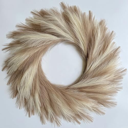 27 Artificial Pampas Grass Wreath UV Resistant Faux Pampas Wreath for Front Door Porch and Wall Fluffy Boho Farmhouse Decor for All Seasons(Ivory&Taupe)
