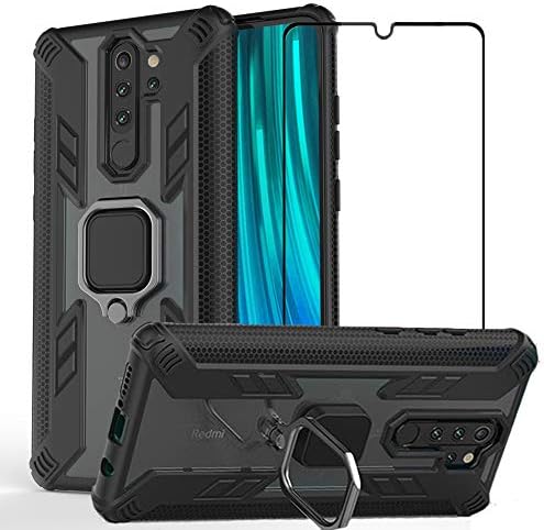FLYME for Xiaomi Redmi Note 8 Pro Case with Tempered Glass Screen Protector, Heavy Duty Shockproof Anti-Scratch Non-Slip Clear Back Kickstand Armor Case Cover,Black