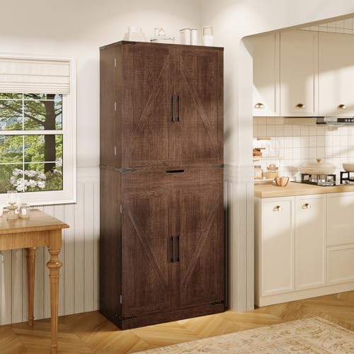 Image of GRUSIGN 72 inch Kitchen Pantry Storage Cabinet with Doors and Shelves, Wood Farmhouse Pantry Storage with Barn Doors for Kitchen, Dining Room, Living Room, Dark Brown