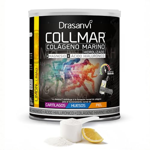 Drasanvi COLLMAR Colágeno Marino Hidrolizado con Ácido Hialurónico, Magnesio, Vitamina C | para Cartílagos, Huesos y Piel |Alta Dosis 9.717 mg/dia |300g de Polvo=28 Días | Sabor Limón