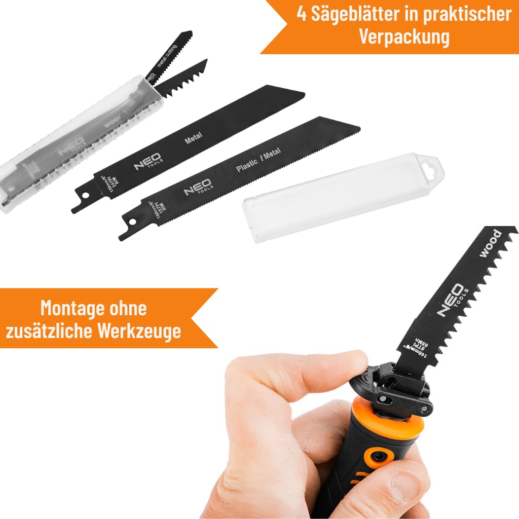 NEO TOOLS Mango de sierra con 4 hojas de sierra sable - Hoja de sierra sable para madera, metal en madera, metal - Conector con dos enchufes para una instalación rápida - Hojas de sierra sable