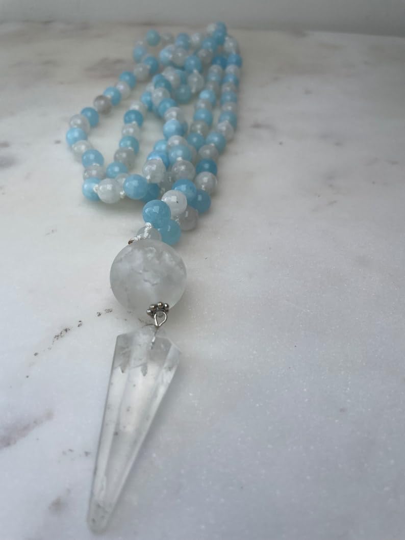Natural Aquamarine and Moonstone 8mm 108 Mala Beads, Spiritual, Meditation Beads, Reiki, Japa Mala, Buddhist Prayer Beads, Yoga Bracelet, healing beads